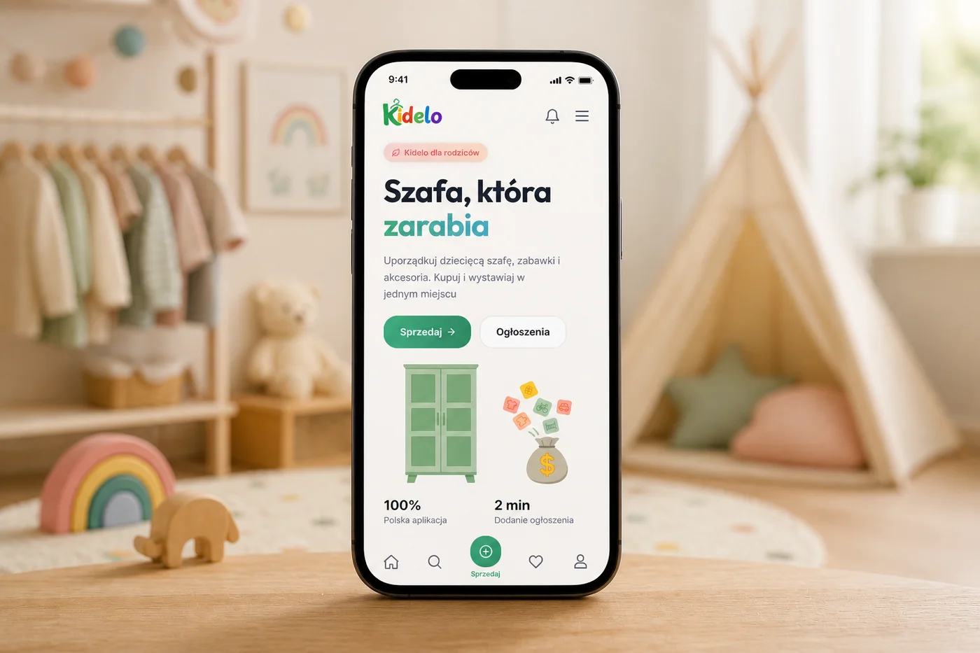 Kidelo — mockup aplikacji mobilnej